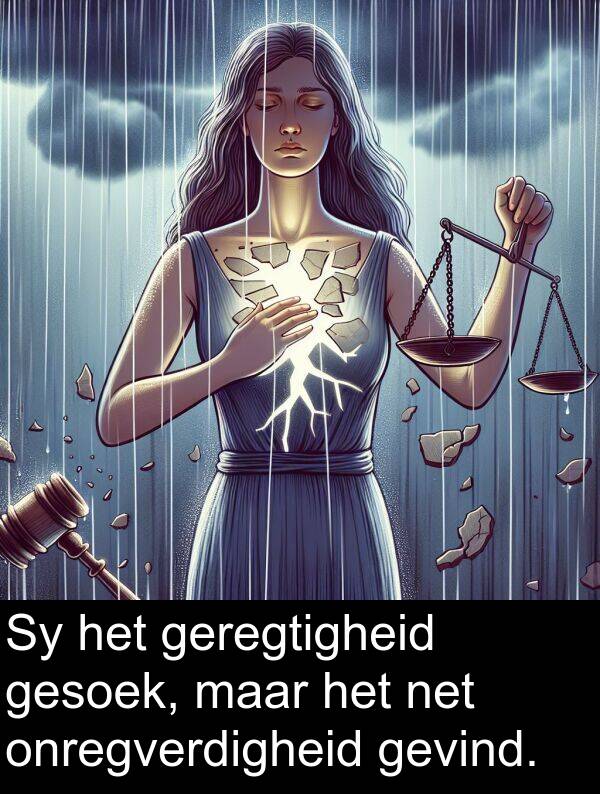 onregverdigheid: Sy het geregtigheid gesoek, maar het net onregverdigheid gevind.
