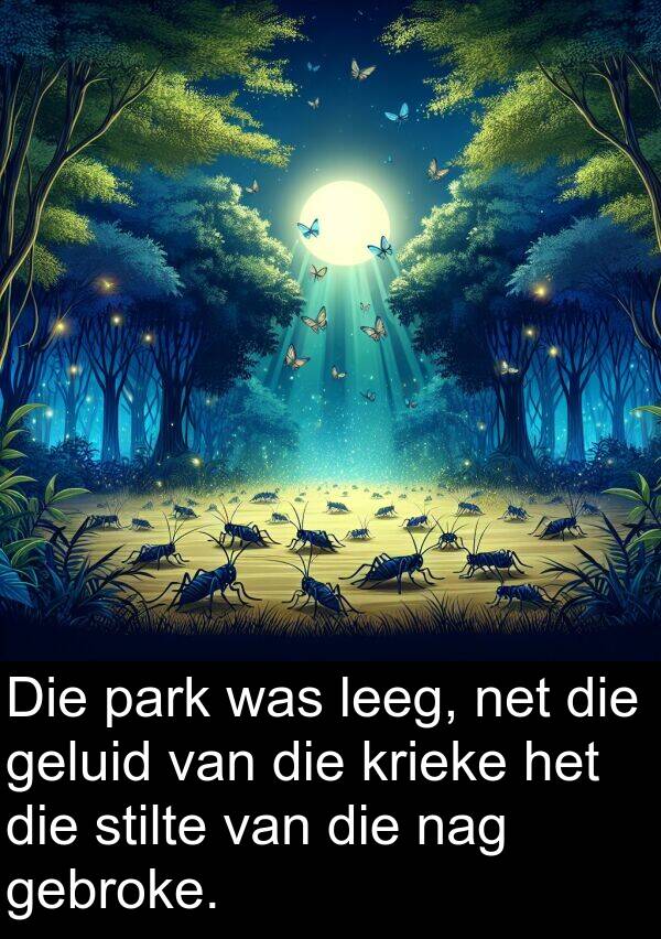 gebroke: Die park was leeg, net die geluid van die krieke het die stilte van die nag gebroke.