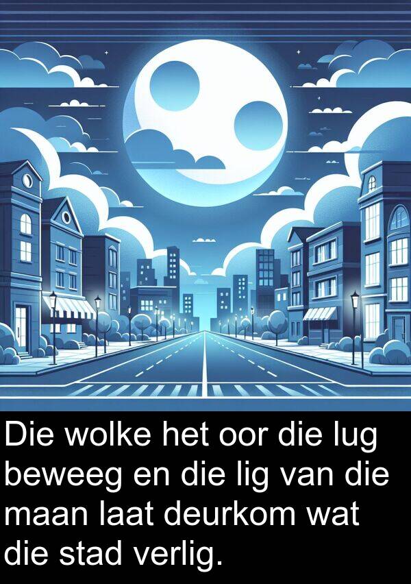 deurkom: Die wolke het oor die lug beweeg en die lig van die maan laat deurkom wat die stad verlig.