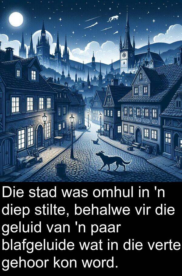 gehoor: Die stad was omhul in 'n diep stilte, behalwe vir die geluid van 'n paar blafgeluide wat in die verte gehoor kon word.