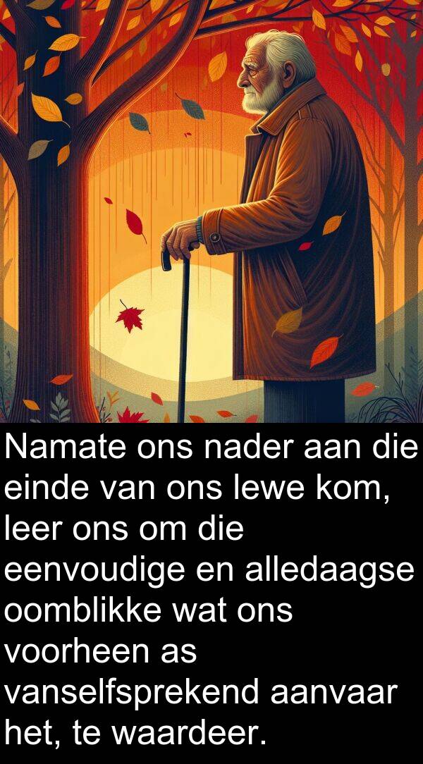 waardeer: Namate ons nader aan die einde van ons lewe kom, leer ons om die eenvoudige en alledaagse oomblikke wat ons voorheen as vanselfsprekend aanvaar het, te waardeer.