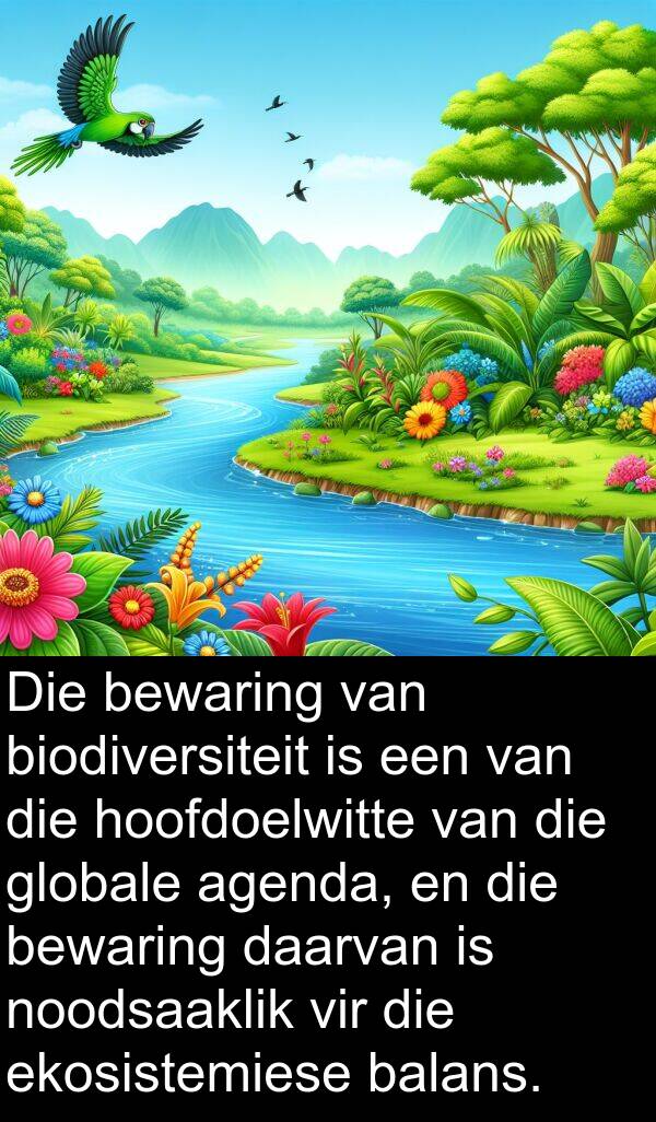 hoofdoelwitte: Die bewaring van biodiversiteit is een van die hoofdoelwitte van die globale agenda, en die bewaring daarvan is noodsaaklik vir die ekosistemiese balans.