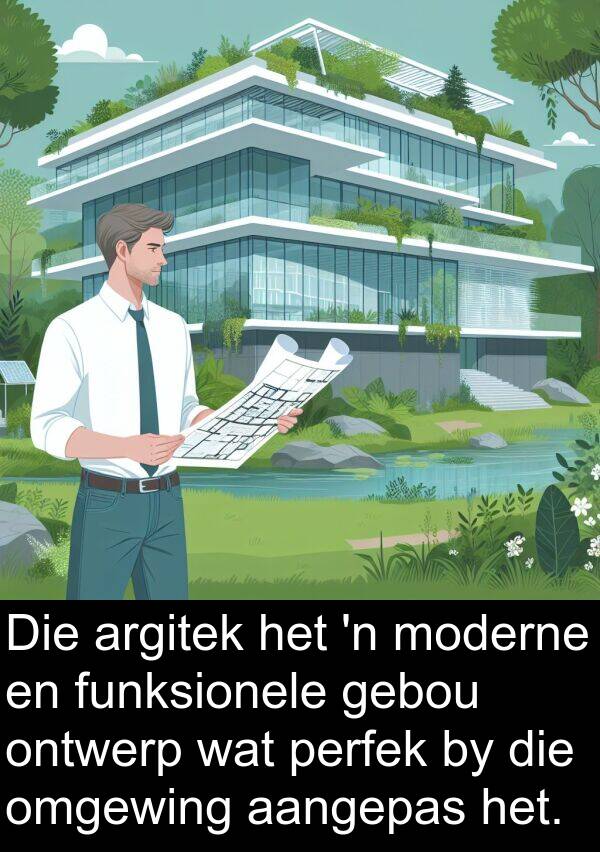 moderne: Die argitek het 'n moderne en funksionele gebou ontwerp wat perfek by die omgewing aangepas het.