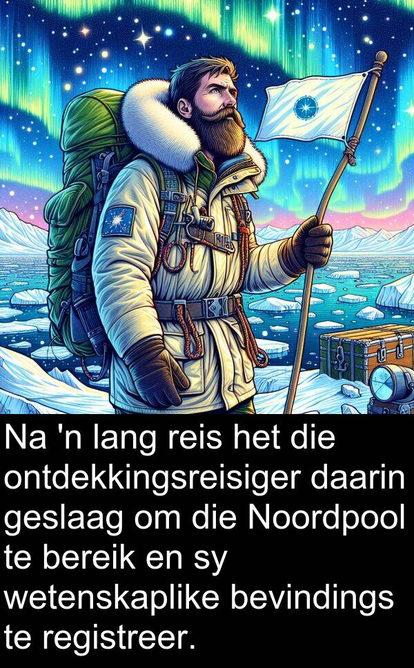 daarin: Na 'n lang reis het die ontdekkingsreisiger daarin geslaag om die Noordpool te bereik en sy wetenskaplike bevindings te registreer.