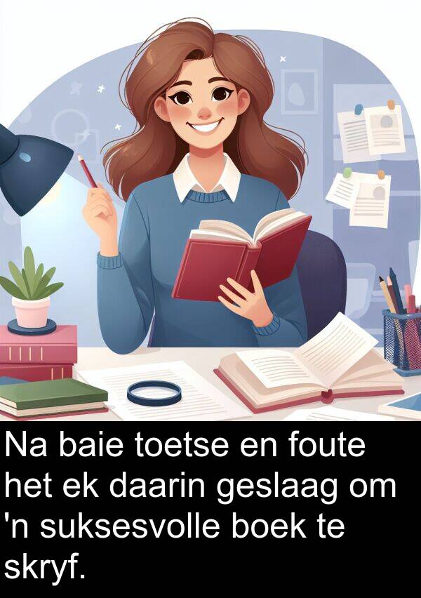 daarin: Na baie toetse en foute het ek daarin geslaag om 'n suksesvolle boek te skryf.