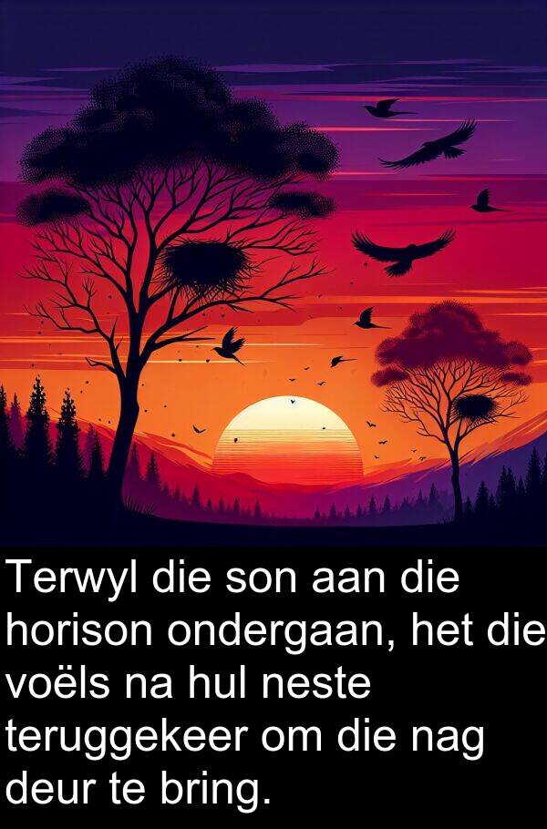 horison: Terwyl die son aan die horison ondergaan, het die voëls na hul neste teruggekeer om die nag deur te bring.