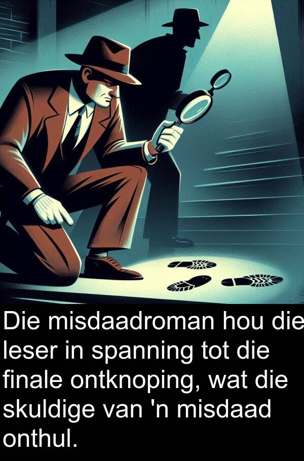 ontknoping: Die misdaadroman hou die leser in spanning tot die finale ontknoping, wat die skuldige van 'n misdaad onthul.