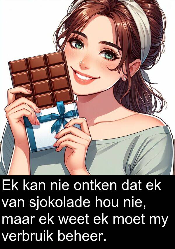 ontken: Ek kan nie ontken dat ek van sjokolade hou nie, maar ek weet ek moet my verbruik beheer.