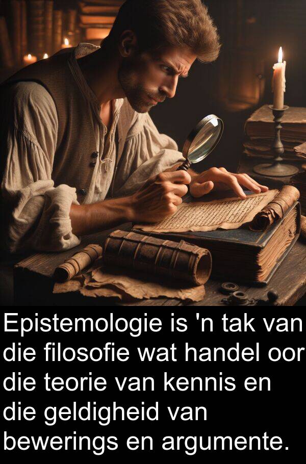 handel: Epistemologie is 'n tak van die filosofie wat handel oor die teorie van kennis en die geldigheid van bewerings en argumente.