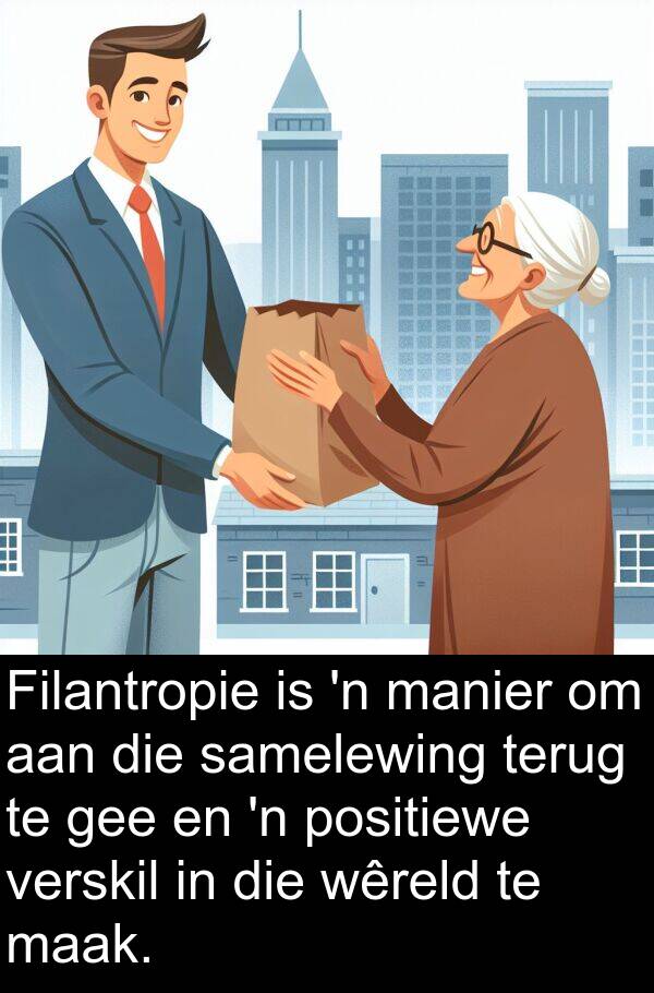 samelewing: Filantropie is 'n manier om aan die samelewing terug te gee en 'n positiewe verskil in die wêreld te maak.