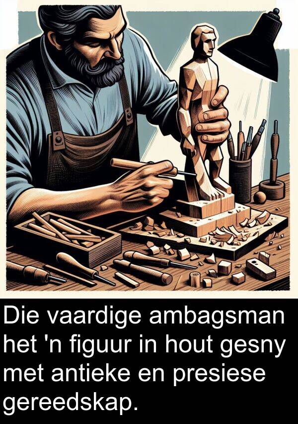 hout: Die vaardige ambagsman het 'n figuur in hout gesny met antieke en presiese gereedskap.