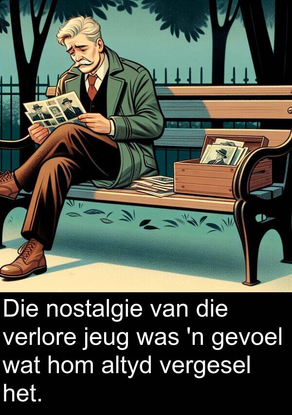 jeug: Die nostalgie van die verlore jeug was 'n gevoel wat hom altyd vergesel het.