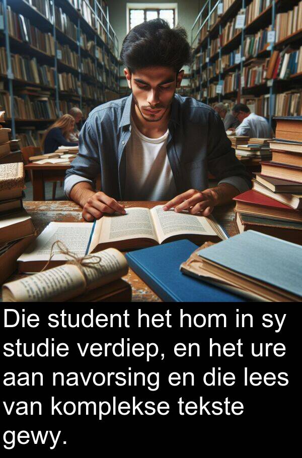 lees: Die student het hom in sy studie verdiep, en het ure aan navorsing en die lees van komplekse tekste gewy.