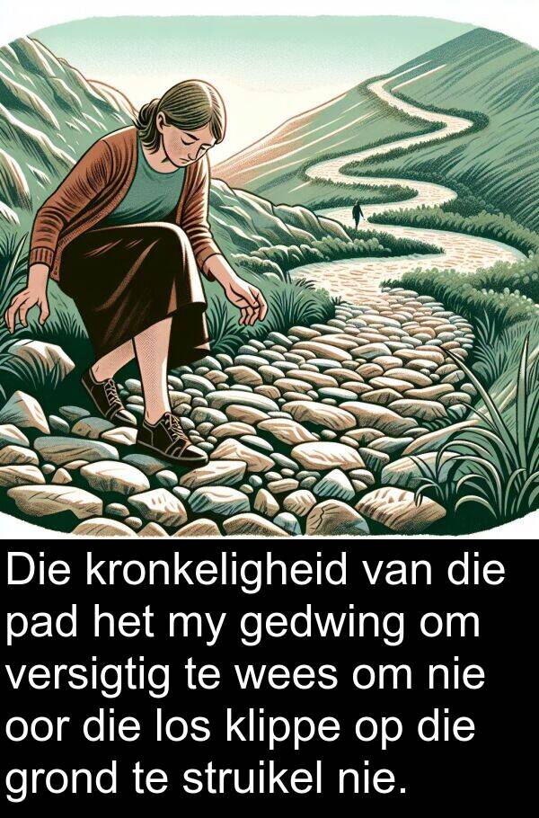 los: Die kronkeligheid van die pad het my gedwing om versigtig te wees om nie oor die los klippe op die grond te struikel nie.