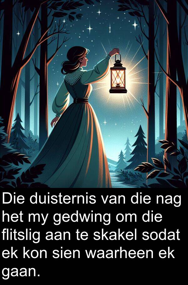 skakel: Die duisternis van die nag het my gedwing om die flitslig aan te skakel sodat ek kon sien waarheen ek gaan.