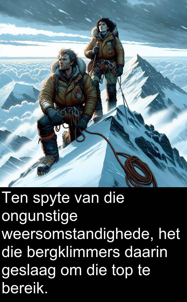 daarin: Ten spyte van die ongunstige weersomstandighede, het die bergklimmers daarin geslaag om die top te bereik.
