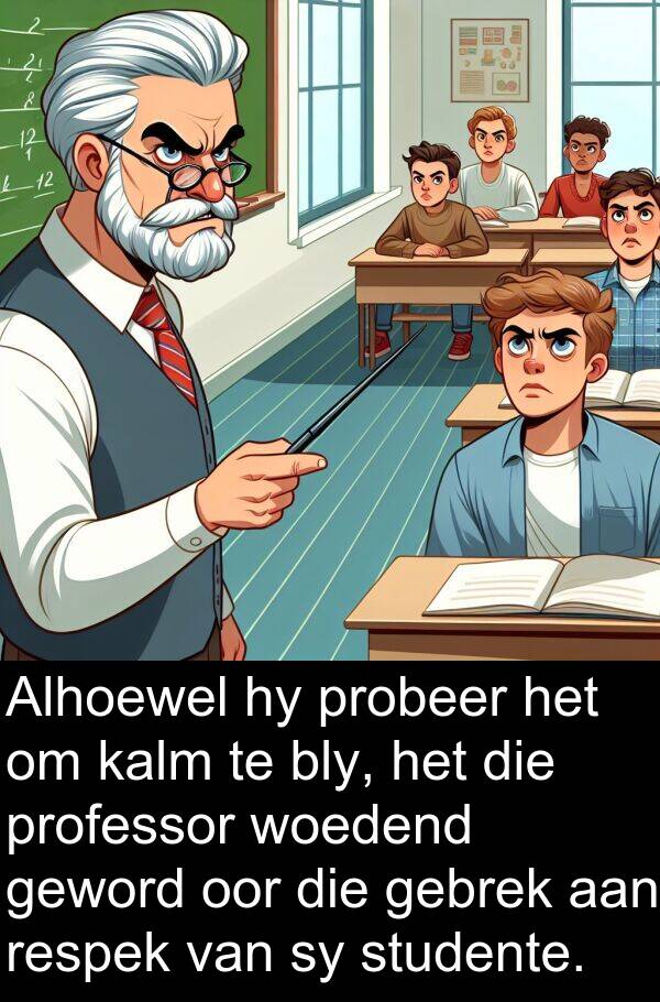 gebrek: Alhoewel hy probeer het om kalm te bly, het die professor woedend geword oor die gebrek aan respek van sy studente.