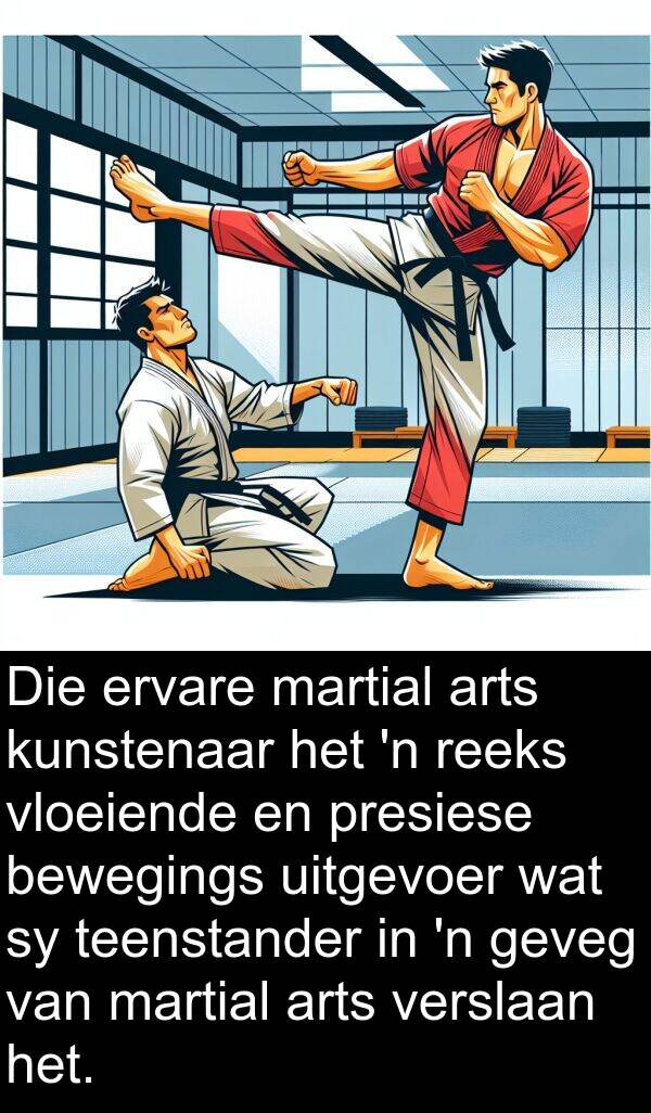presiese: Die ervare martial arts kunstenaar het 'n reeks vloeiende en presiese bewegings uitgevoer wat sy teenstander in 'n geveg van martial arts verslaan het.