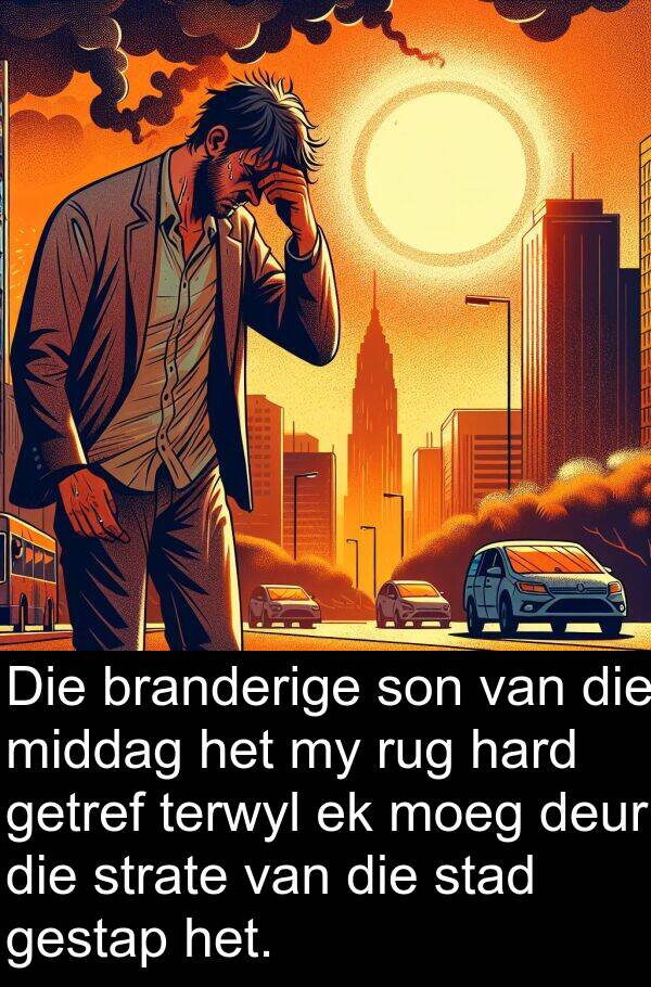 hard: Die branderige son van die middag het my rug hard getref terwyl ek moeg deur die strate van die stad gestap het.