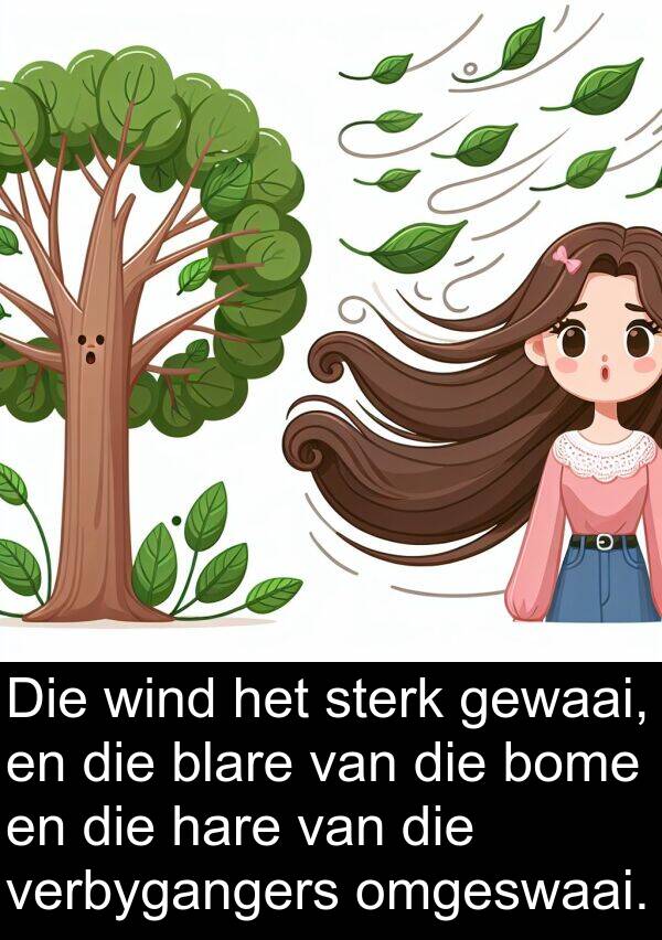 wind: Die wind het sterk gewaai, en die blare van die bome en die hare van die verbygangers omgeswaai.