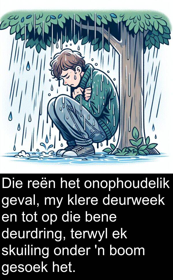 deurdring: Die reën het onophoudelik geval, my klere deurweek en tot op die bene deurdring, terwyl ek skuiling onder 'n boom gesoek het.