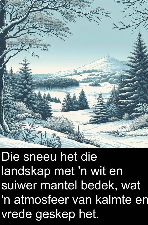 mantel: Die sneeu het die landskap met 'n wit en suiwer mantel bedek, wat 'n atmosfeer van kalmte en vrede geskep het.