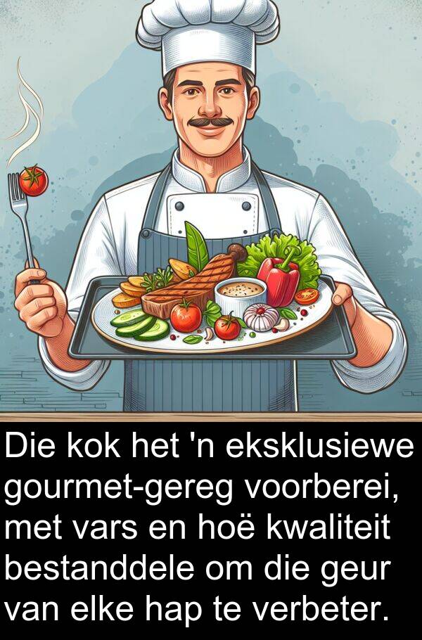 hap: Die kok het 'n eksklusiewe gourmet-gereg voorberei, met vars en hoë kwaliteit bestanddele om die geur van elke hap te verbeter.