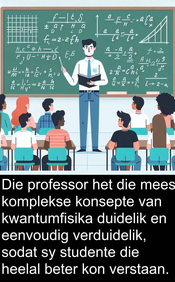 heelal: Die professor het die mees komplekse konsepte van kwantumfisika duidelik en eenvoudig verduidelik, sodat sy studente die heelal beter kon verstaan.