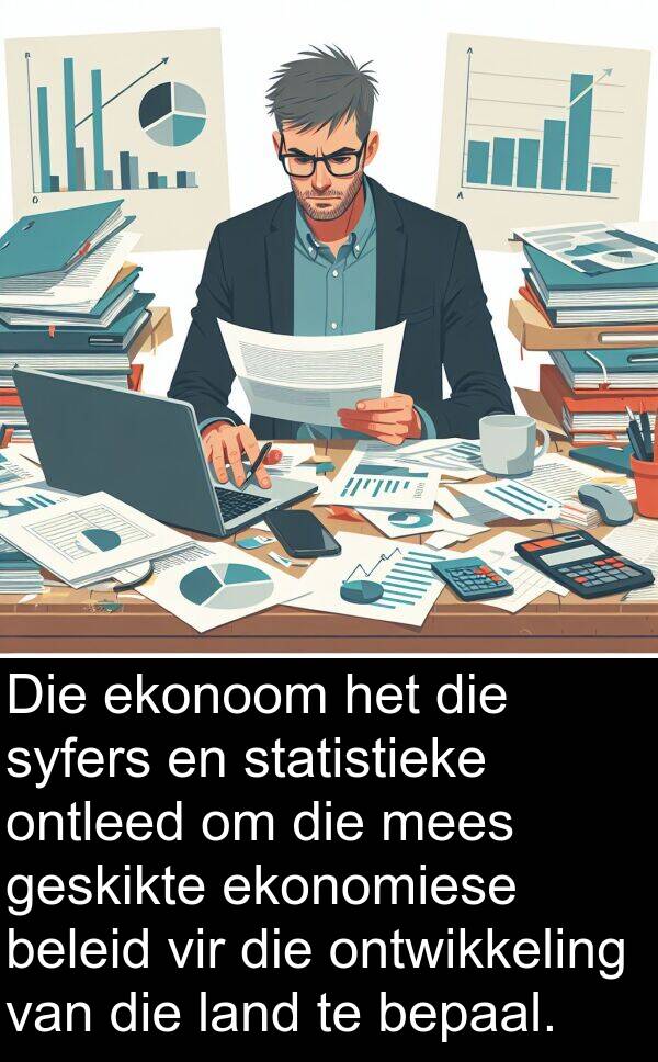 beleid: Die ekonoom het die syfers en statistieke ontleed om die mees geskikte ekonomiese beleid vir die ontwikkeling van die land te bepaal.