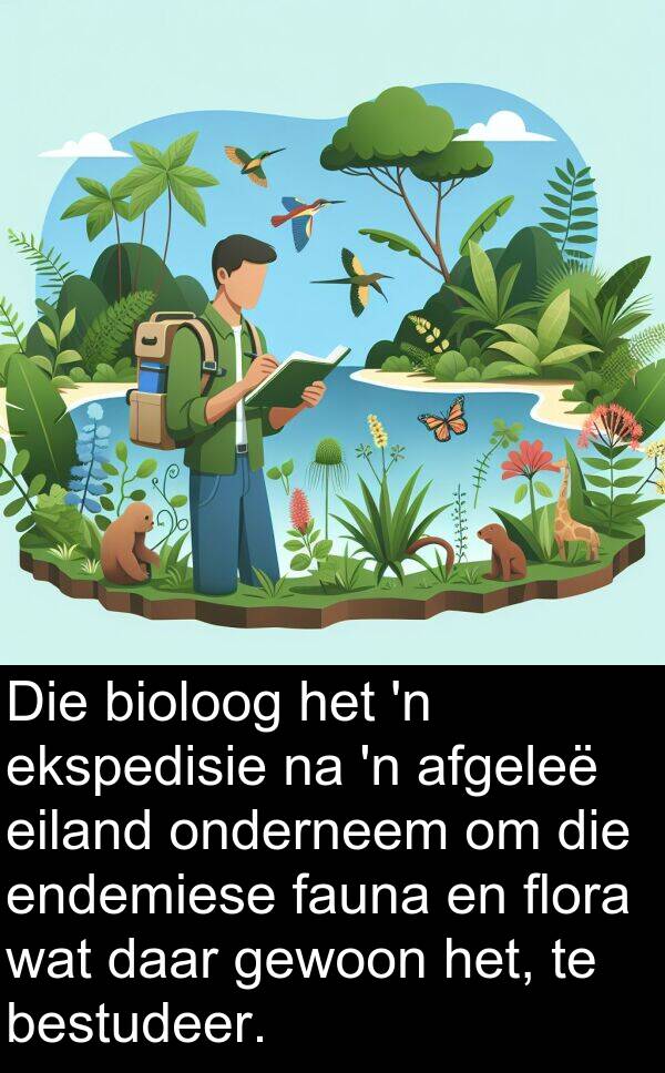 afgeleë: Die bioloog het 'n ekspedisie na 'n afgeleë eiland onderneem om die endemiese fauna en flora wat daar gewoon het, te bestudeer.