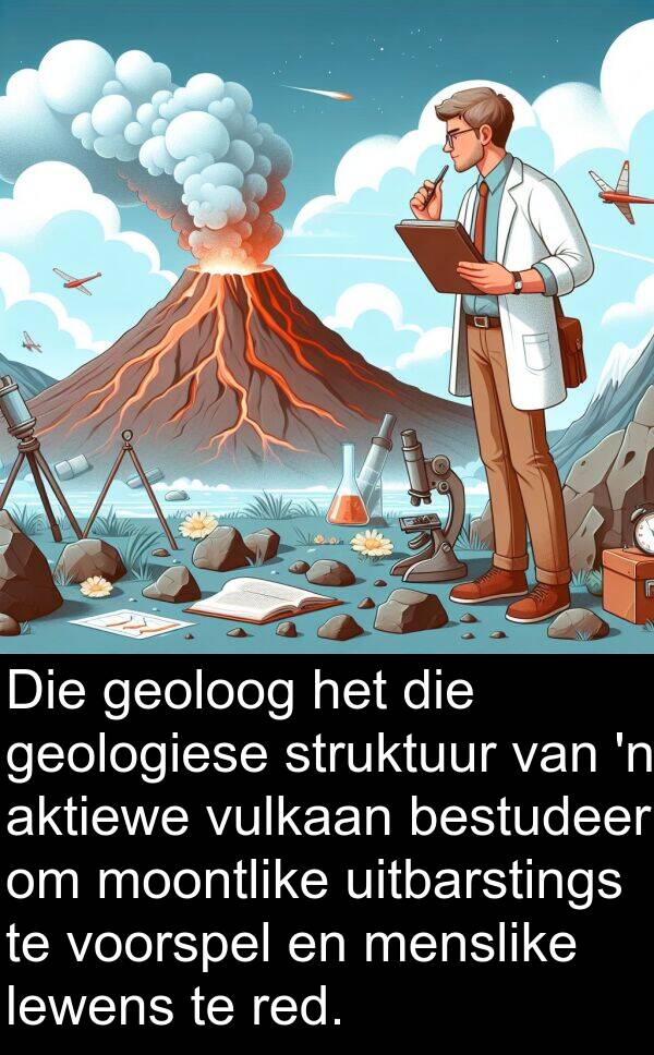 uitbarstings: Die geoloog het die geologiese struktuur van 'n aktiewe vulkaan bestudeer om moontlike uitbarstings te voorspel en menslike lewens te red.