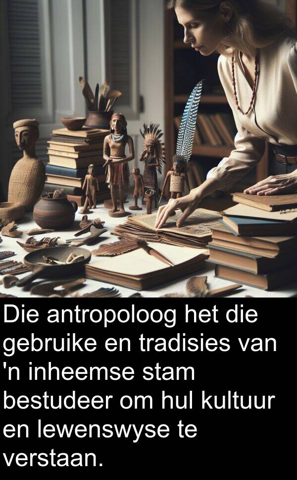 gebruike: Die antropoloog het die gebruike en tradisies van 'n inheemse stam bestudeer om hul kultuur en lewenswyse te verstaan.