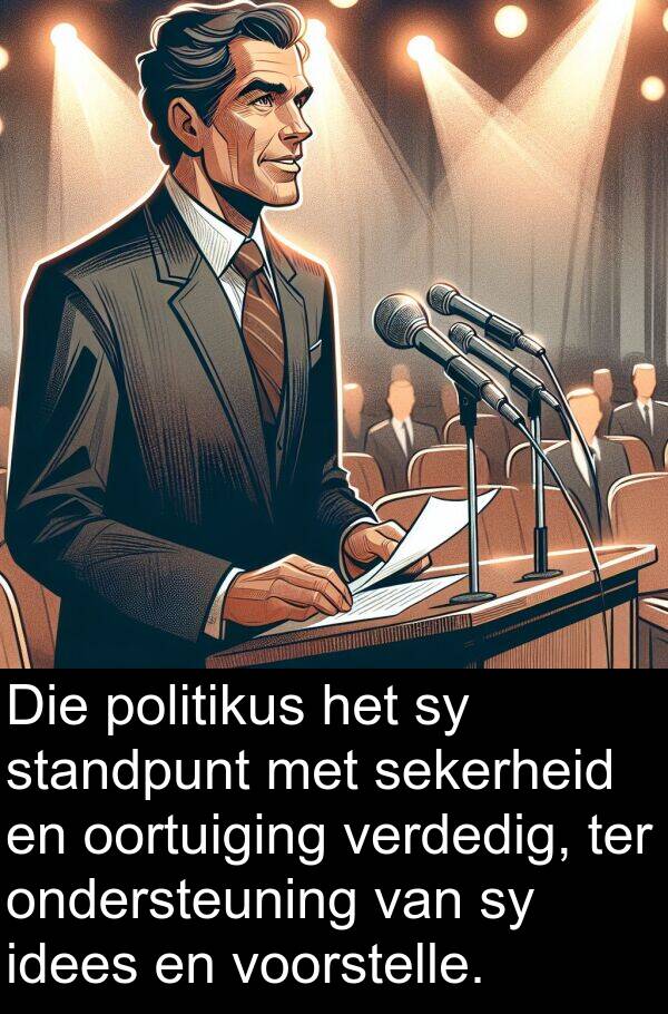 idees: Die politikus het sy standpunt met sekerheid en oortuiging verdedig, ter ondersteuning van sy idees en voorstelle.