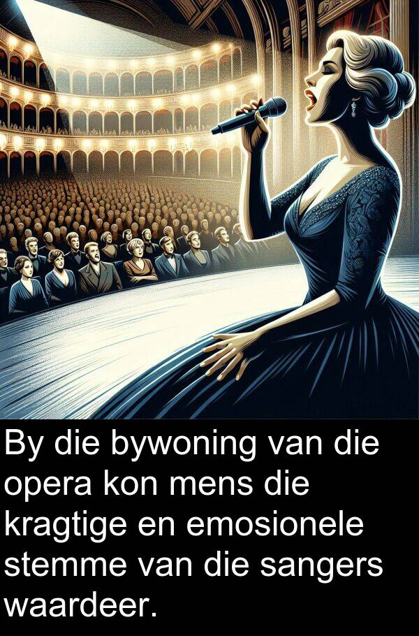 waardeer: By die bywoning van die opera kon mens die kragtige en emosionele stemme van die sangers waardeer.