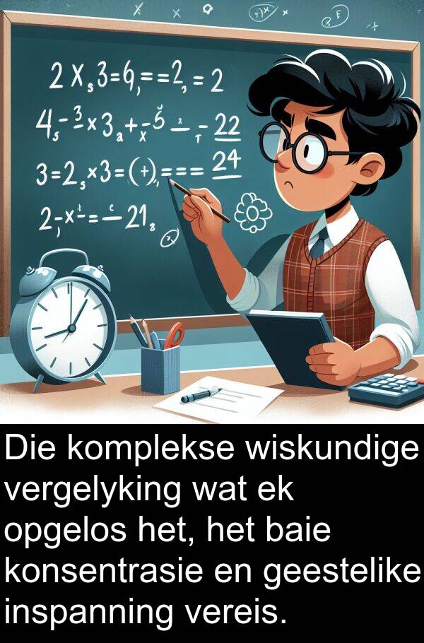 inspanning: Die komplekse wiskundige vergelyking wat ek opgelos het, het baie konsentrasie en geestelike inspanning vereis.