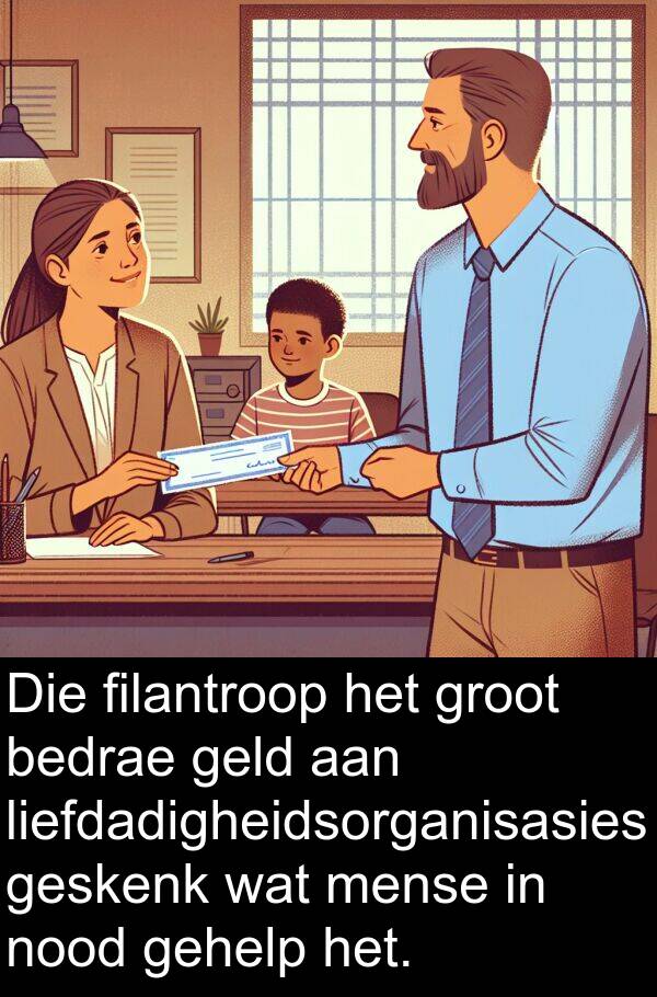 geld: Die filantroop het groot bedrae geld aan liefdadigheidsorganisasies geskenk wat mense in nood gehelp het.