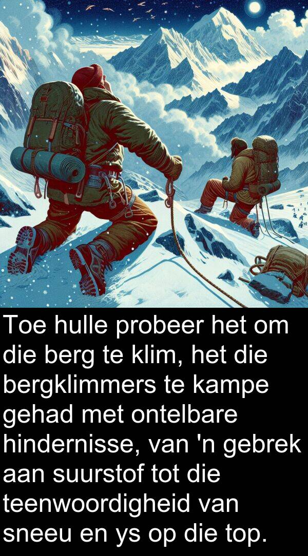 gebrek: Toe hulle probeer het om die berg te klim, het die bergklimmers te kampe gehad met ontelbare hindernisse, van 'n gebrek aan suurstof tot die teenwoordigheid van sneeu en ys op die top.