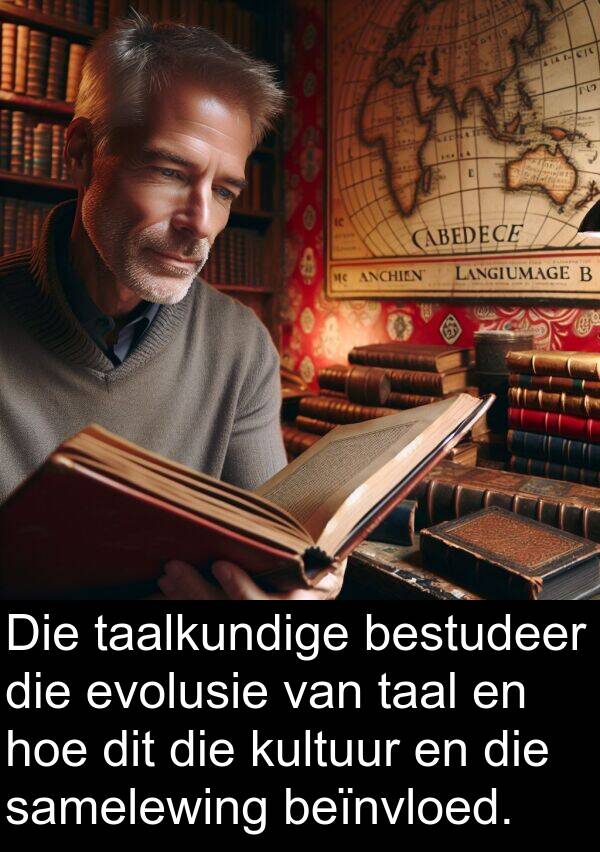 samelewing: Die taalkundige bestudeer die evolusie van taal en hoe dit die kultuur en die samelewing beïnvloed.
