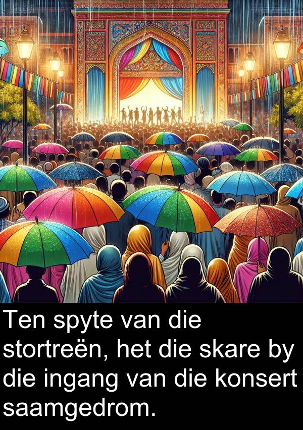 ingang: Ten spyte van die stortreën, het die skare by die ingang van die konsert saamgedrom.