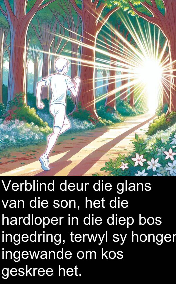honger: Verblind deur die glans van die son, het die hardloper in die diep bos ingedring, terwyl sy honger ingewande om kos geskree het.