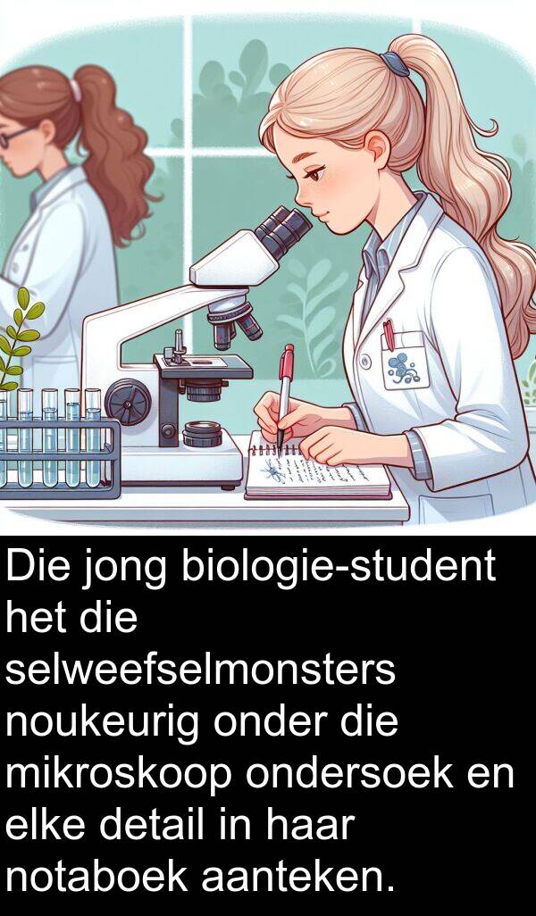 ondersoek: Die jong biologie-student het die selweefselmonsters noukeurig onder die mikroskoop ondersoek en elke detail in haar notaboek aanteken.
