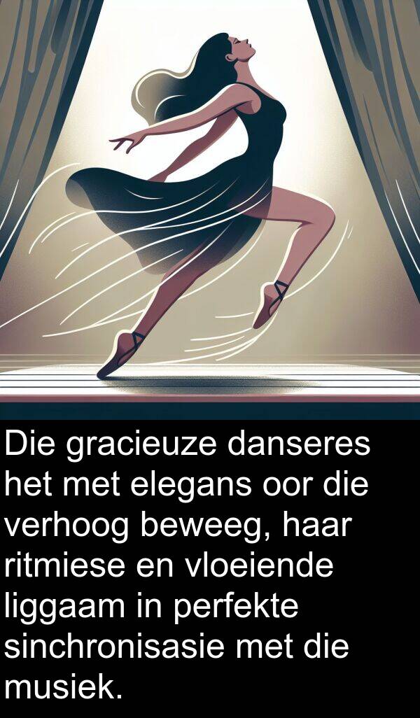 danseres: Die gracieuze danseres het met elegans oor die verhoog beweeg, haar ritmiese en vloeiende liggaam in perfekte sinchronisasie met die musiek.
