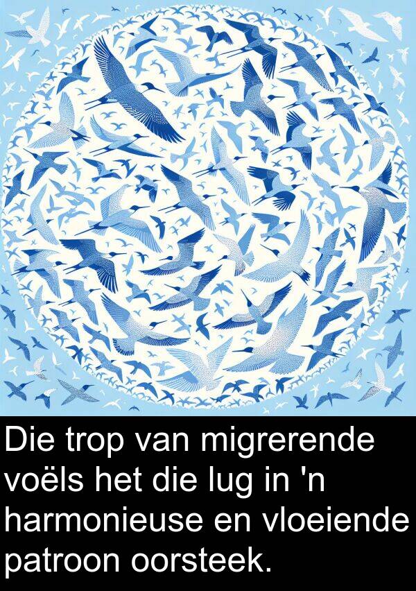 harmonieuse: Die trop van migrerende voëls het die lug in 'n harmonieuse en vloeiende patroon oorsteek.