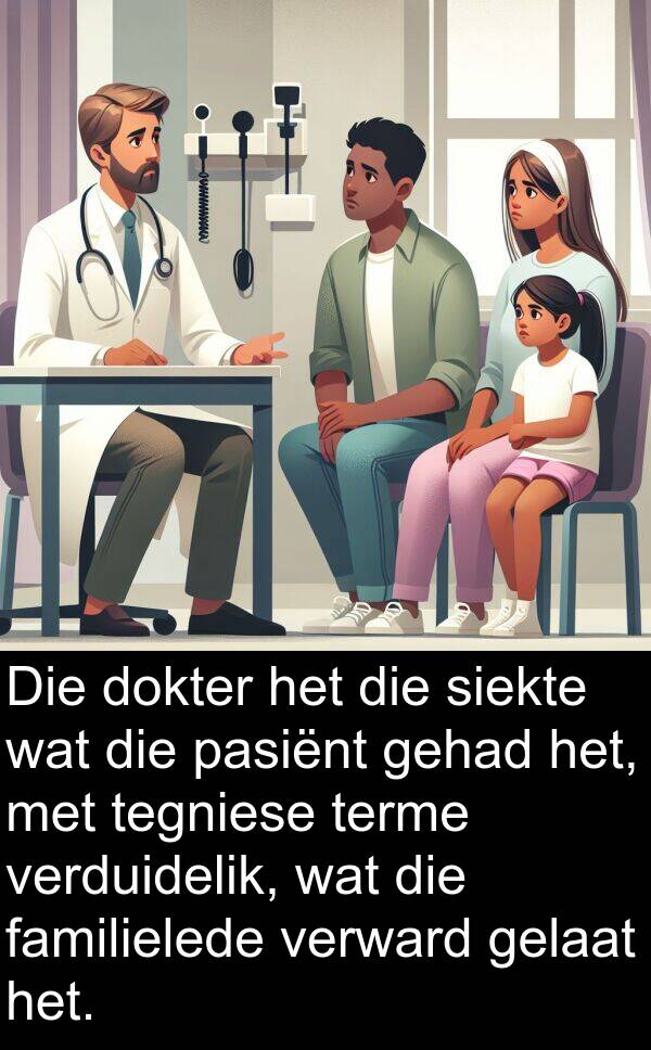 gelaat: Die dokter het die siekte wat die pasiënt gehad het, met tegniese terme verduidelik, wat die familielede verward gelaat het.