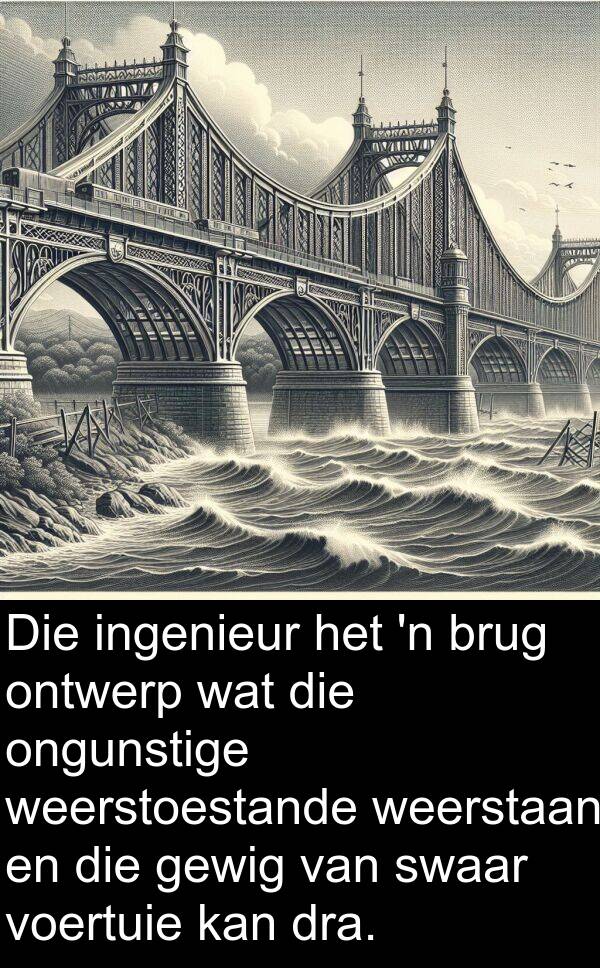 ingenieur: Die ingenieur het 'n brug ontwerp wat die ongunstige weerstoestande weerstaan en die gewig van swaar voertuie kan dra.