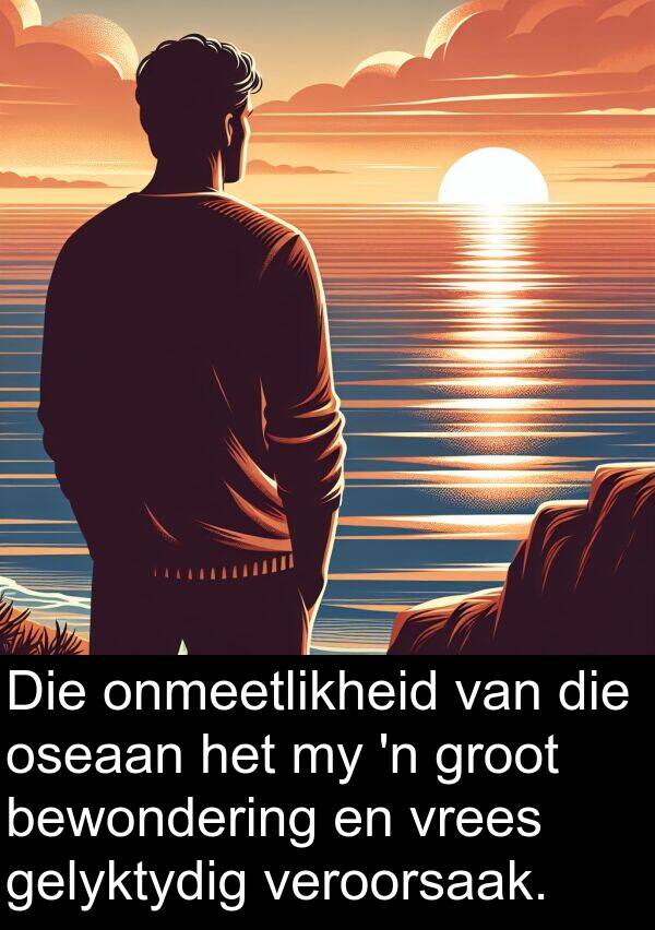 onmeetlikheid: Die onmeetlikheid van die oseaan het my 'n groot bewondering en vrees gelyktydig veroorsaak.