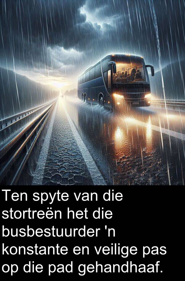gehandhaaf: Ten spyte van die stortreën het die busbestuurder 'n konstante en veilige pas op die pad gehandhaaf.