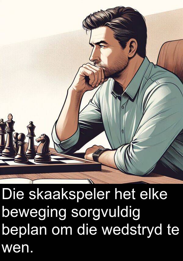 skaakspeler: Die skaakspeler het elke beweging sorgvuldig beplan om die wedstryd te wen.