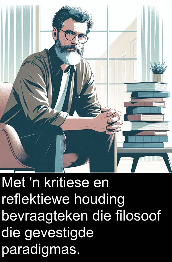 houding: Met 'n kritiese en reflektiewe houding bevraagteken die filosoof die gevestigde paradigmas.