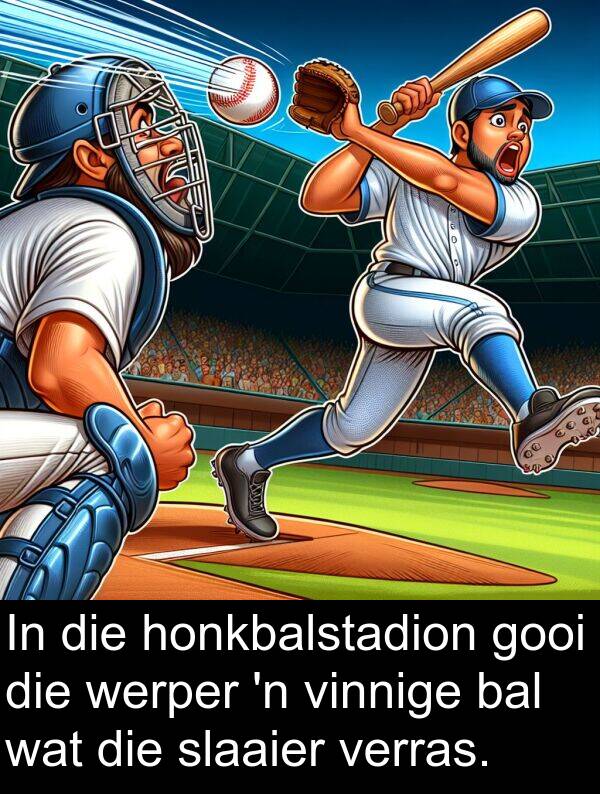 honkbalstadion: In die honkbalstadion gooi die werper 'n vinnige bal wat die slaaier verras.